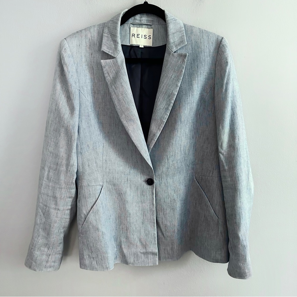 Reiss Linen Blend Blazer Single Button Blazer, Maddy Rye, Light Blue, L